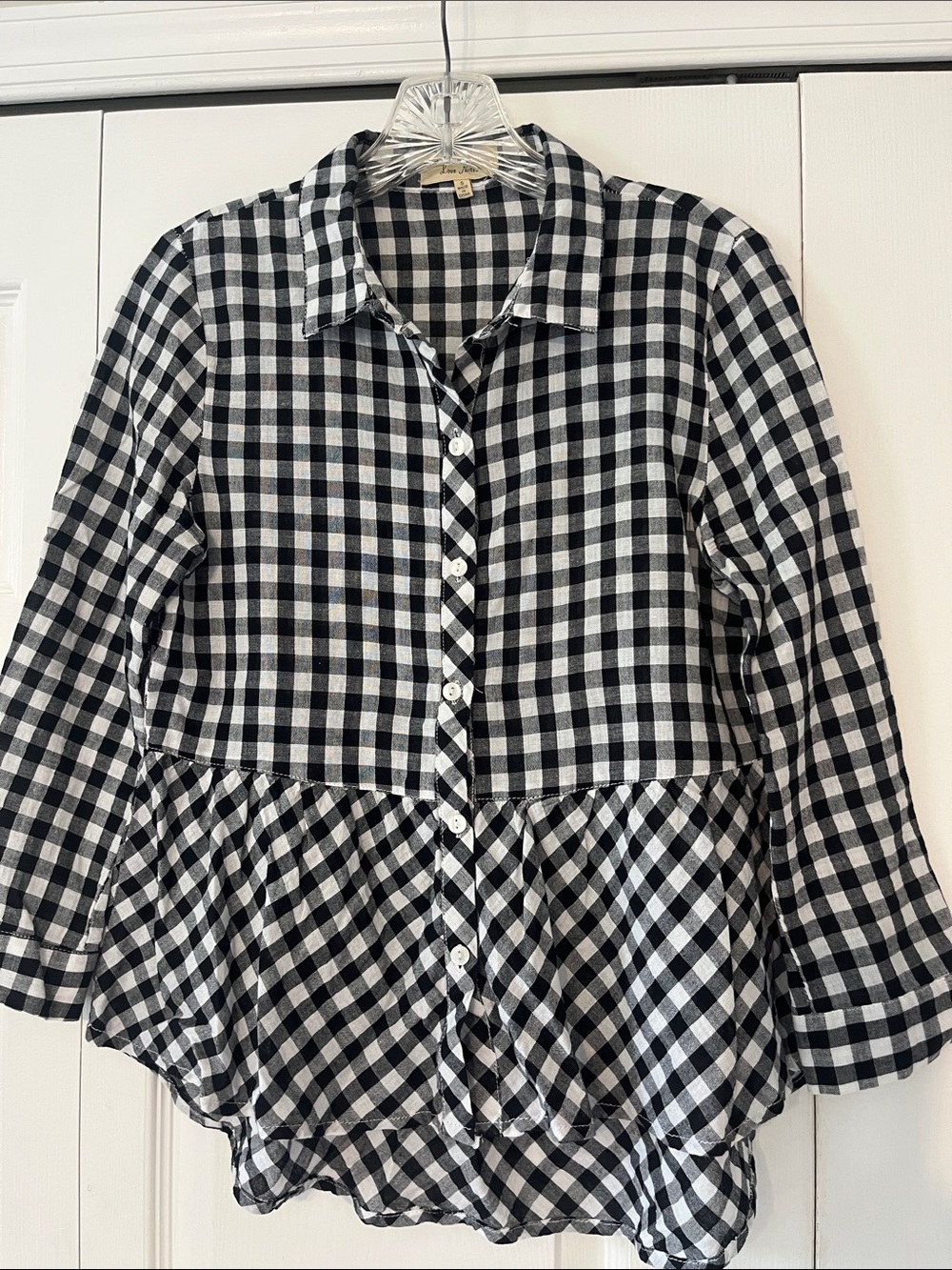 Love Notes Black & White Gingham Button-Front Women’s Peplum Shirt